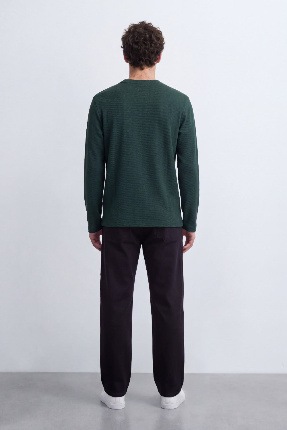 Men's Tomato Store Textured Waffle Knit Long Sleeve Top Minimal Chest Detail Crew Neck T-Shirt