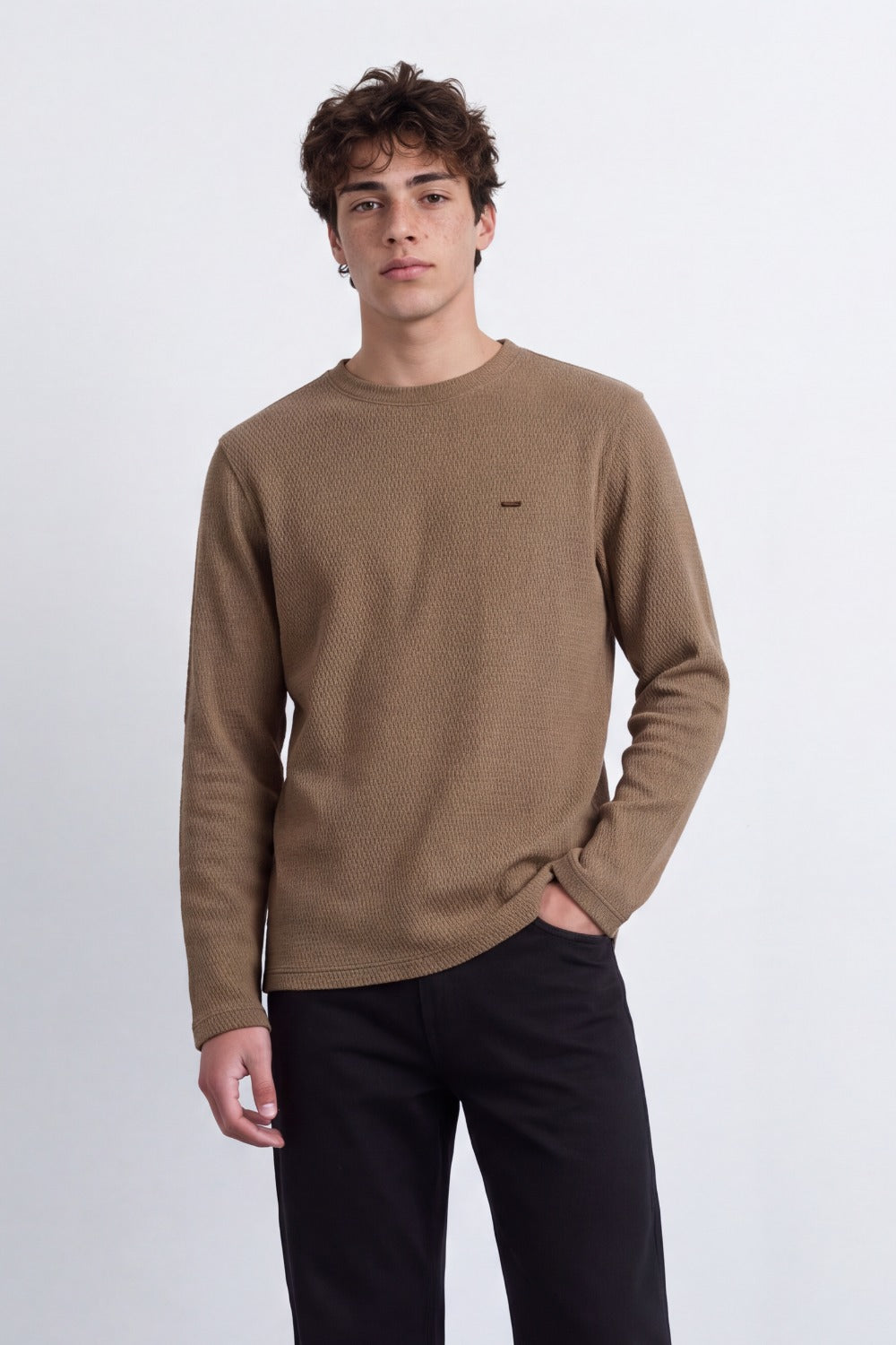 Men's Tomato Store Textured Waffle Knit Long Sleeve Top Minimal Chest Detail Crew Neck T-Shirt