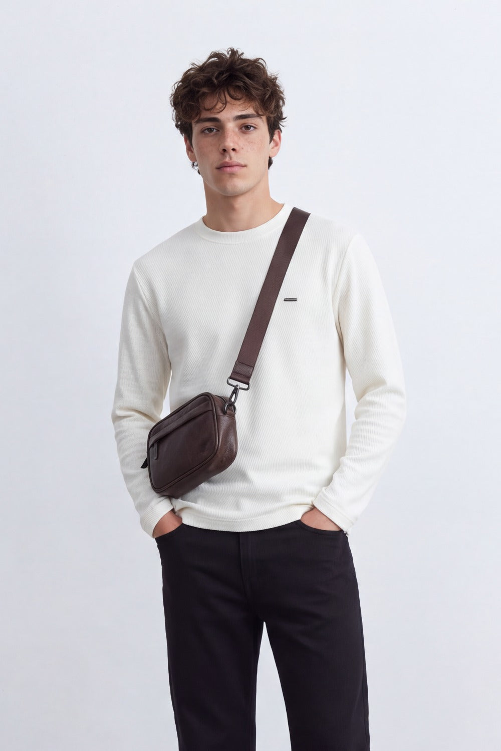 Men's Tomato Store Textured Waffle Knit Long Sleeve Top Minimal Chest Detail Crew Neck T-Shirt