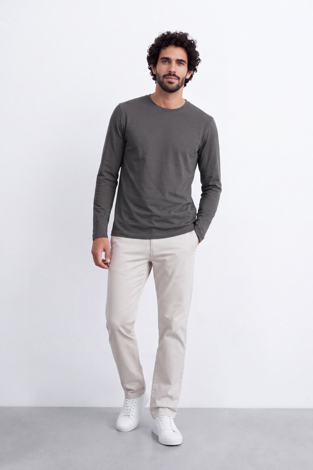 Men's Tomato Store Soft Combed Long Sleeve T-Shirt Clean Crew Neck Minimal Design Slim Fit