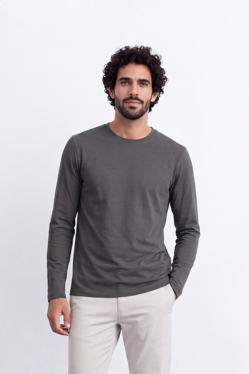 Men's Tomato Store Soft Combed Long Sleeve T-Shirt Clean Crew Neck Minimal Design Slim Fit