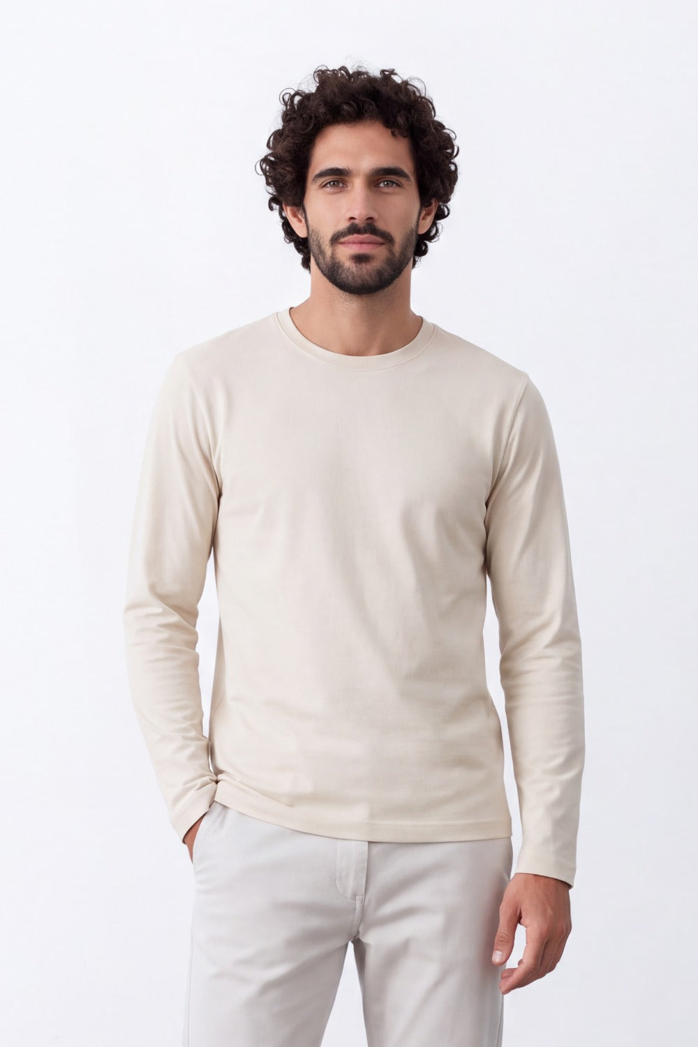 Men's Tomato Store Soft Combed Long Sleeve T-Shirt Clean Crew Neck Minimal Design Slim Fit