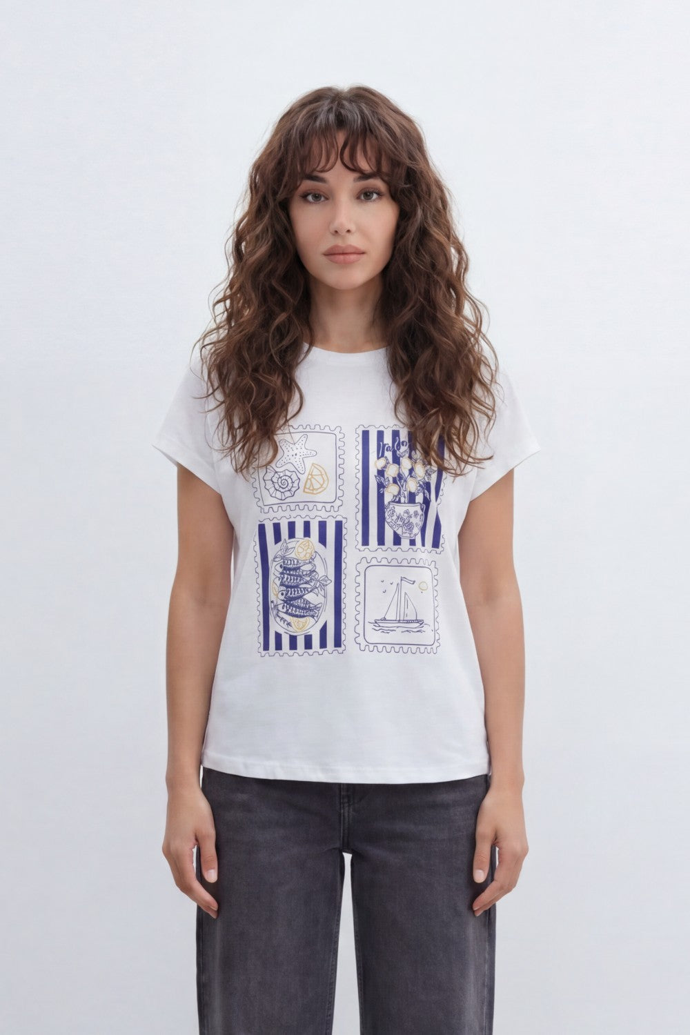 Women’s Tomato Store Seaside Stamp Graphic T-Shirt With Smooth Jersey Texture Nautical Line Artwork Stripe Panels