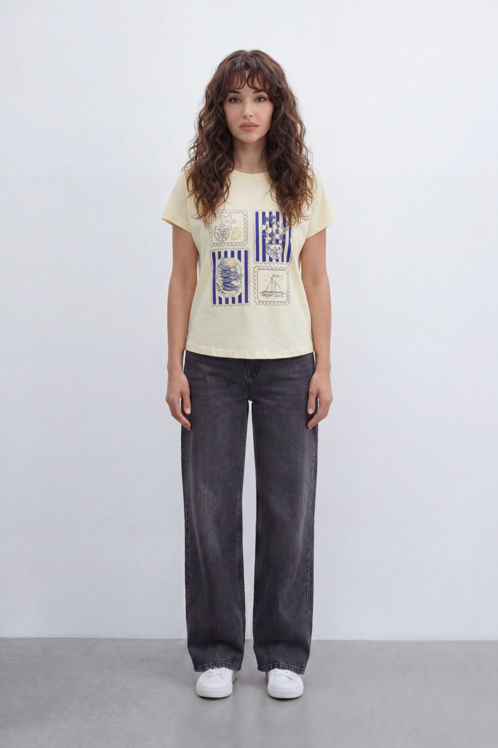 Women’s Tomato Store Seaside Stamp Graphic T-Shirt With Smooth Jersey Texture Nautical Line Artwork Stripe Panels