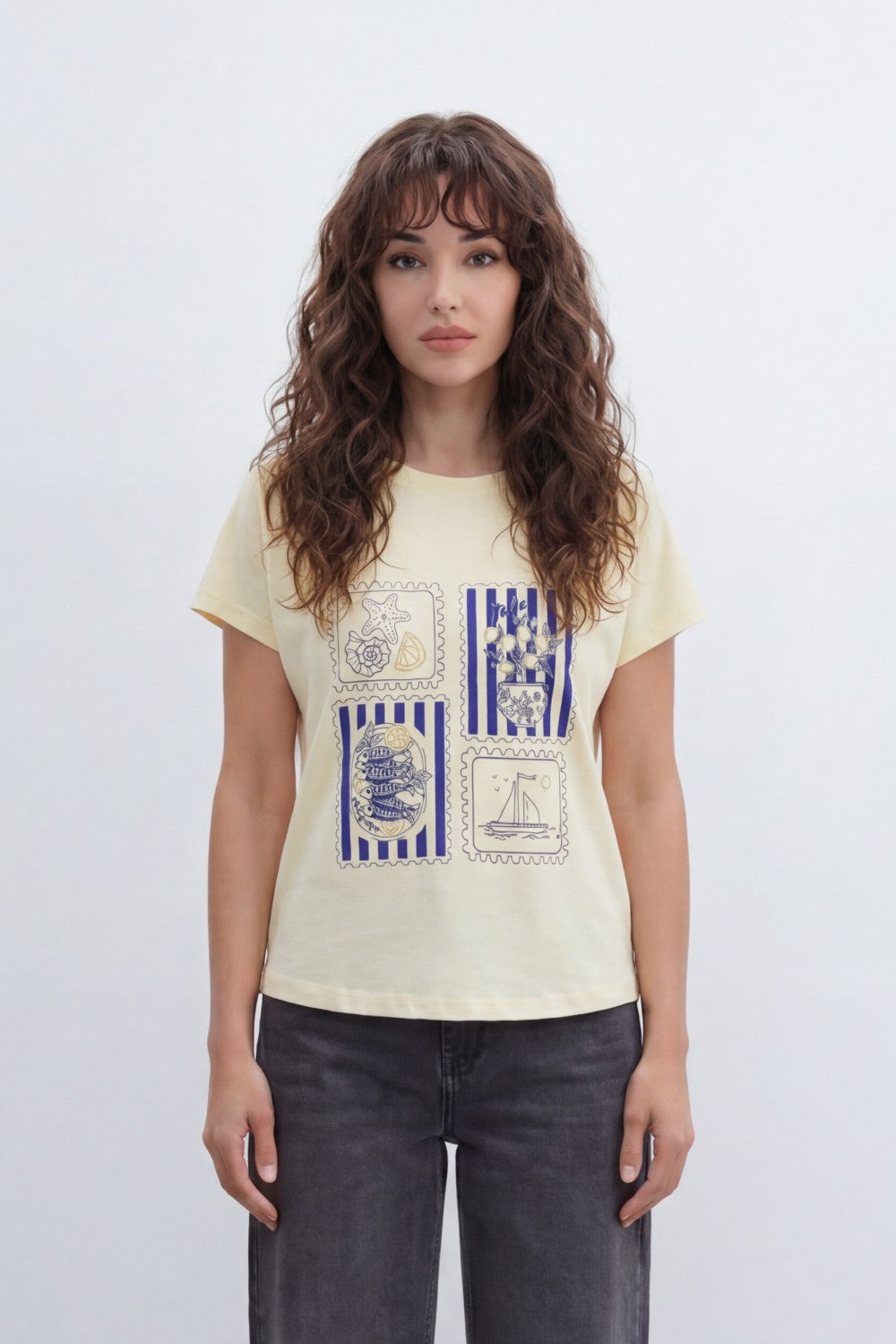 Women’s Tomato Store Seaside Stamp Graphic T-Shirt With Smooth Jersey Texture Nautical Line Artwork Stripe Panels