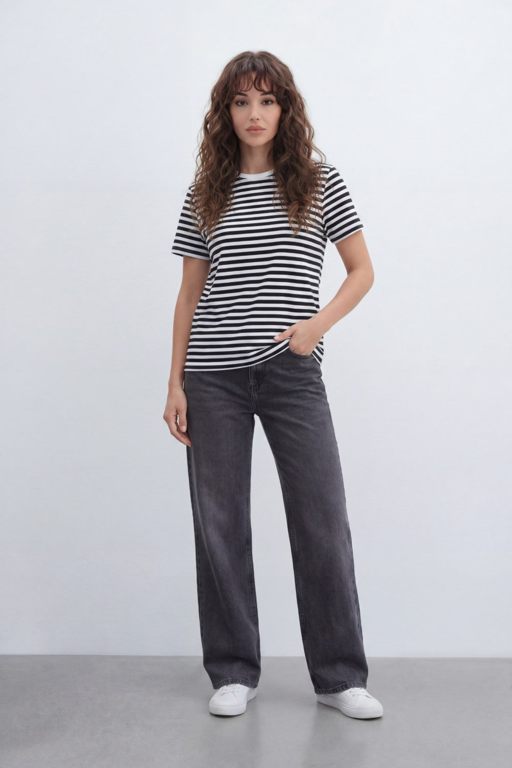 Women’s Tomato Store Stripe Rhythm T-Shirt With Smooth Jersey Texture Yarn Dyed Horizontal Stripe Print Allover