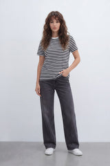 Women’s Tomato Store Stripe Rhythm T-Shirt With Smooth Jersey Texture Yarn Dyed Horizontal Stripe Print Allover