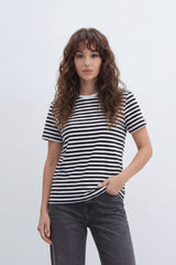 Women’s Tomato Store Stripe Rhythm T-Shirt With Smooth Jersey Texture Yarn Dyed Horizontal Stripe Print Allover