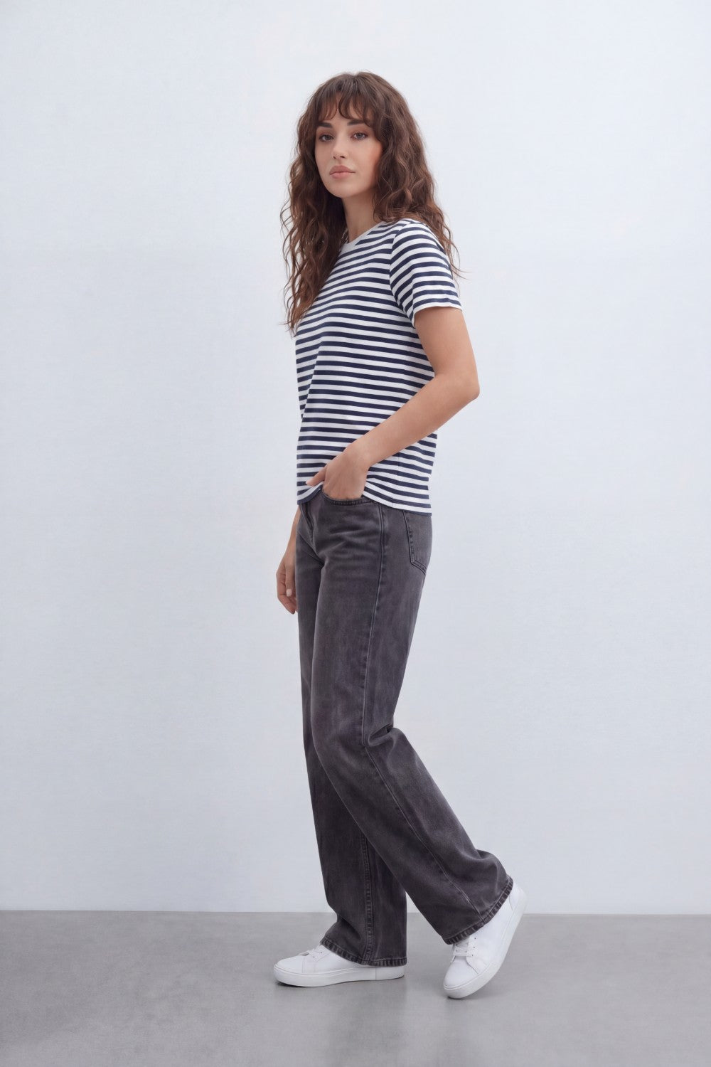 Women’s Tomato Store Stripe Rhythm T-Shirt With Smooth Jersey Texture Yarn Dyed Horizontal Stripe Print Allover