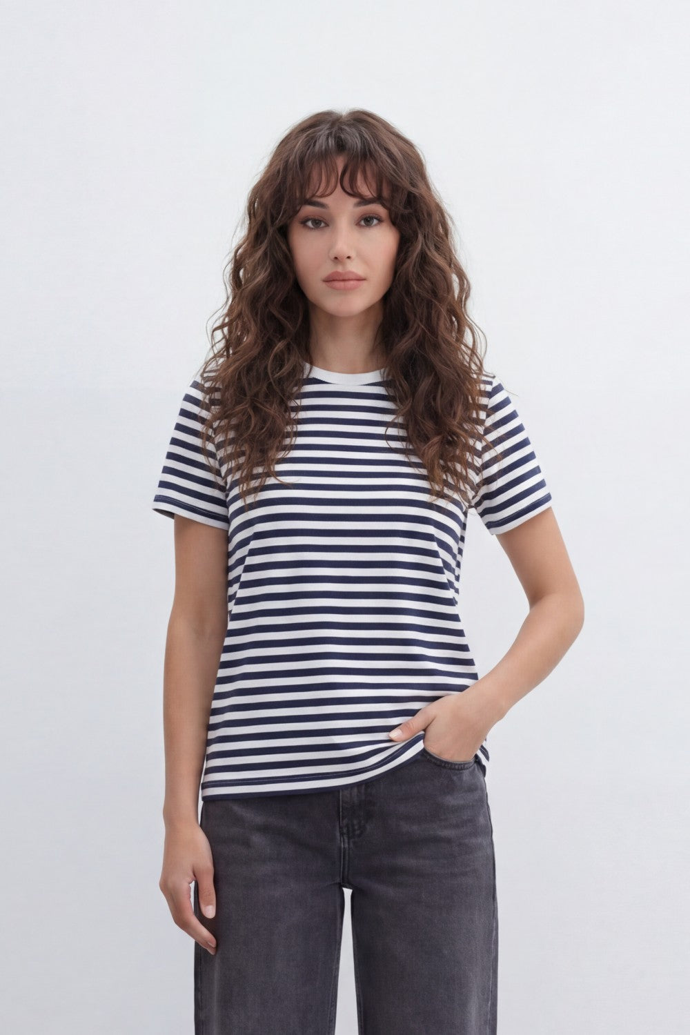 Women’s Tomato Store Stripe Rhythm T-Shirt With Smooth Jersey Texture Yarn Dyed Horizontal Stripe Print Allover