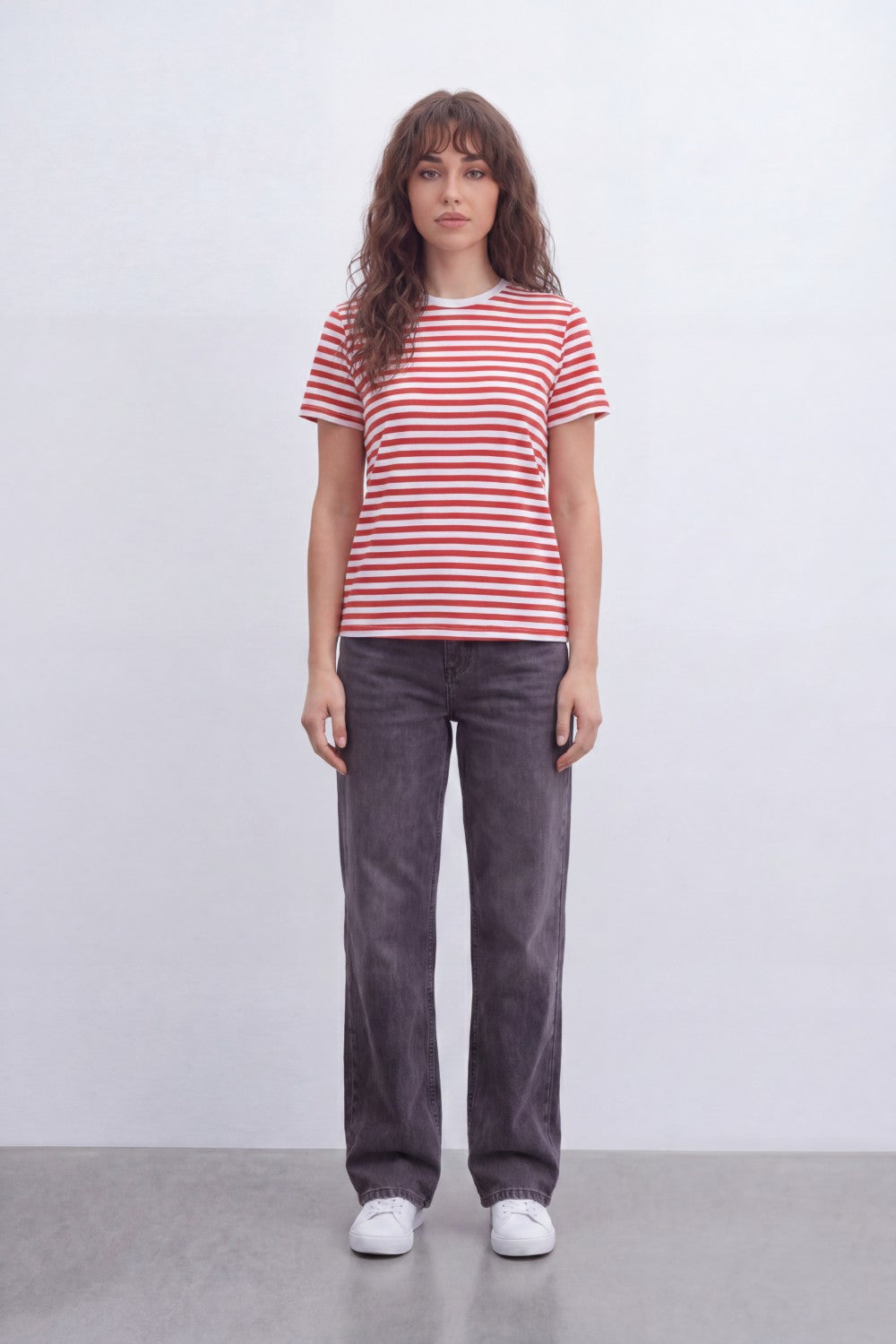 Women’s Tomato Store Stripe Rhythm T-Shirt With Smooth Jersey Texture Yarn Dyed Horizontal Stripe Print Allover