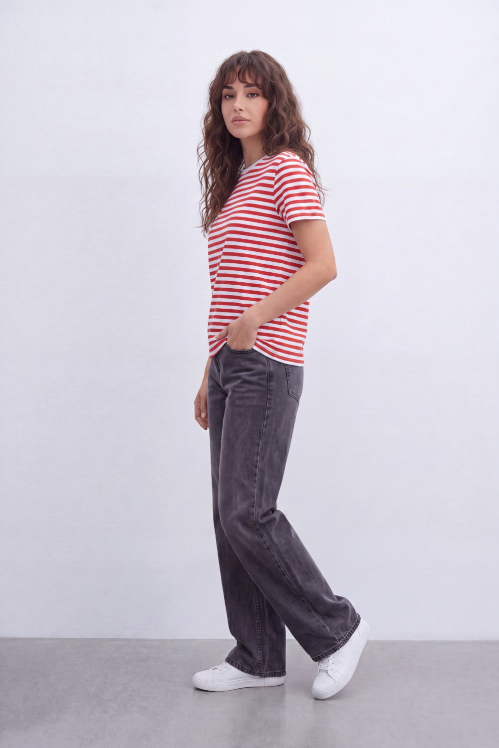 Women’s Tomato Store Stripe Rhythm T-Shirt With Smooth Jersey Texture Yarn Dyed Horizontal Stripe Print Allover