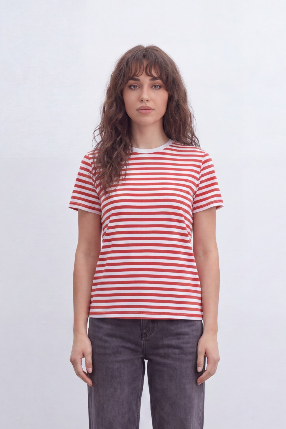 Women’s Tomato Store Stripe Rhythm T-Shirt With Smooth Jersey Texture Yarn Dyed Horizontal Stripe Print Allover