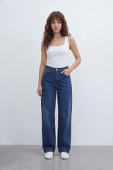 Women’s Tomato Store Vintage Column Wide Leg Jeans With Washed Denim Texture Soft Vertical Fade Pants