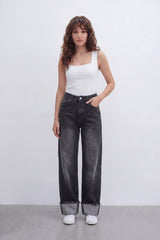 Women’s Tomato Store Cuffed Fade Wide Leg Jeans With Smoky Washed Denim Texture Soft Sanded Surface Vertical Fade Effect Pants