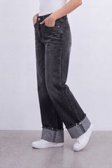 Women’s Tomato Store Cuffed Fade Wide Leg Jeans With Smoky Washed Denim Texture Soft Sanded Surface Vertical Fade Effect Pants