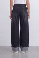 Women’s Tomato Store Cuffed Fade Wide Leg Jeans With Smoky Washed Denim Texture Soft Sanded Surface Vertical Fade Effect Pants