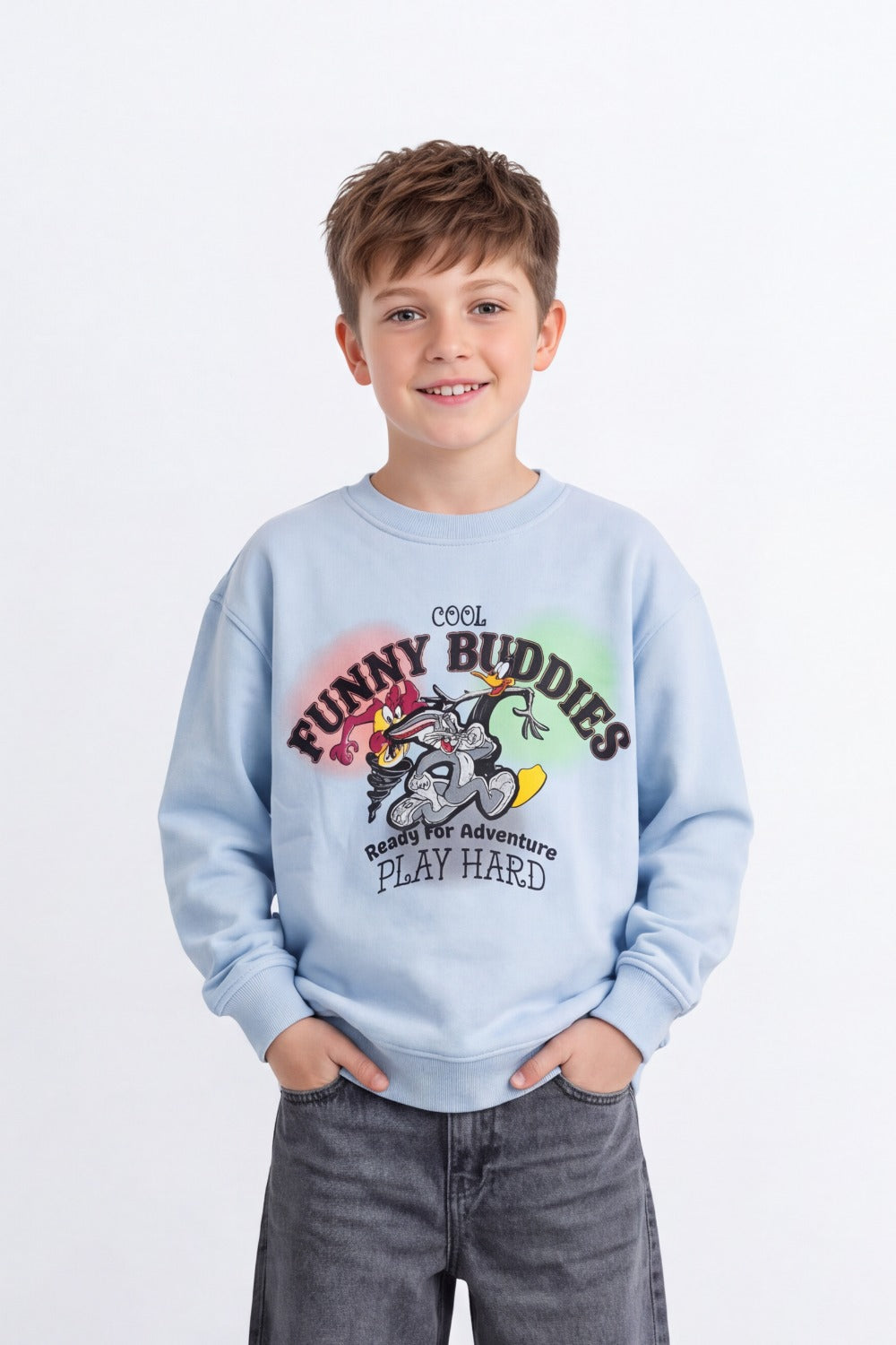 Boy's Tomato Store Oversize Melton Sweatshirt Looney Tunes Adventure Front Graphic
