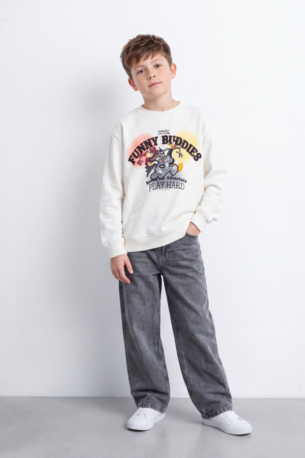 Boy's Tomato Store Oversize Melton Sweatshirt Looney Tunes Adventure Front Graphic