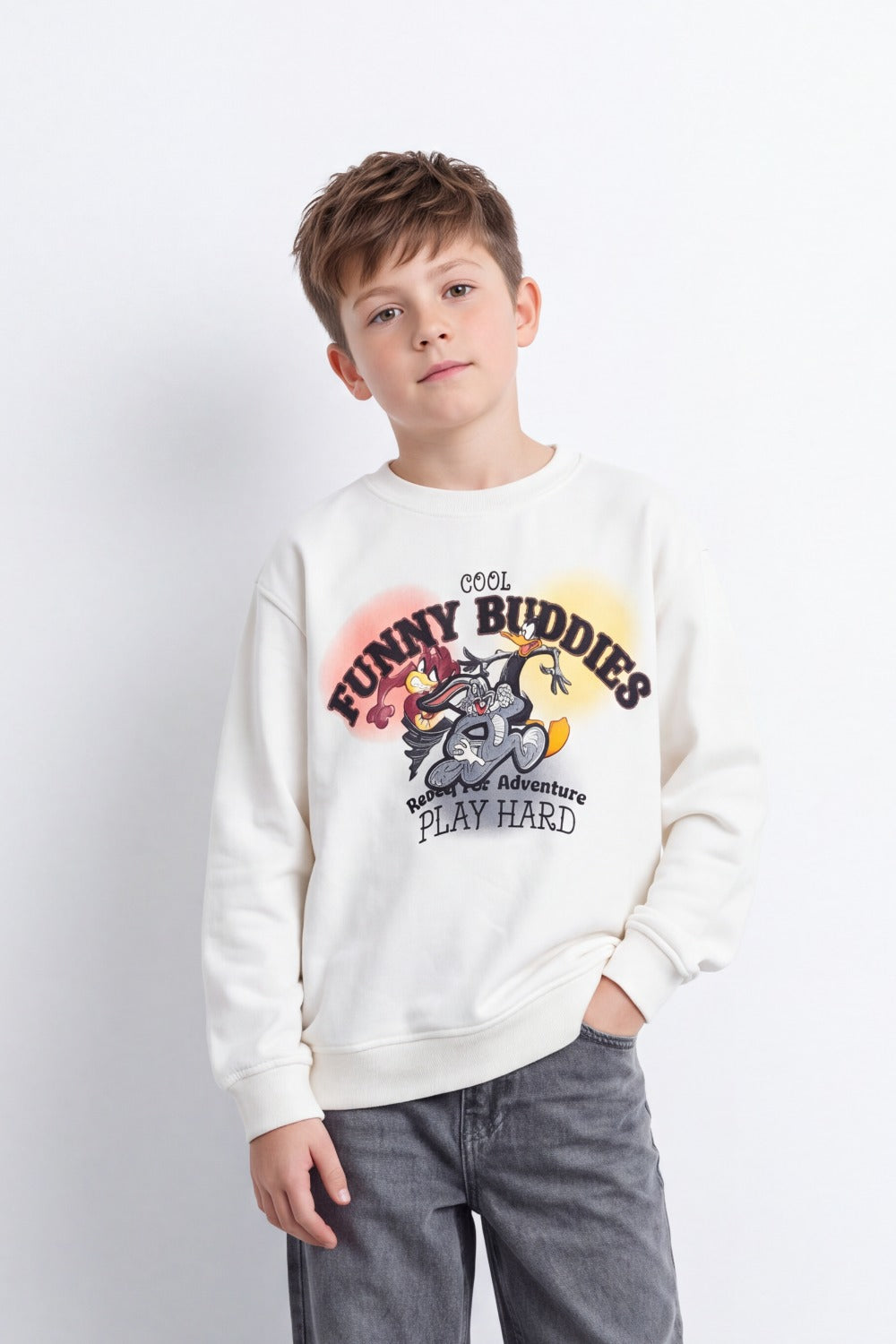 Boy's Tomato Store Oversize Melton Sweatshirt Looney Tunes Adventure Front Graphic