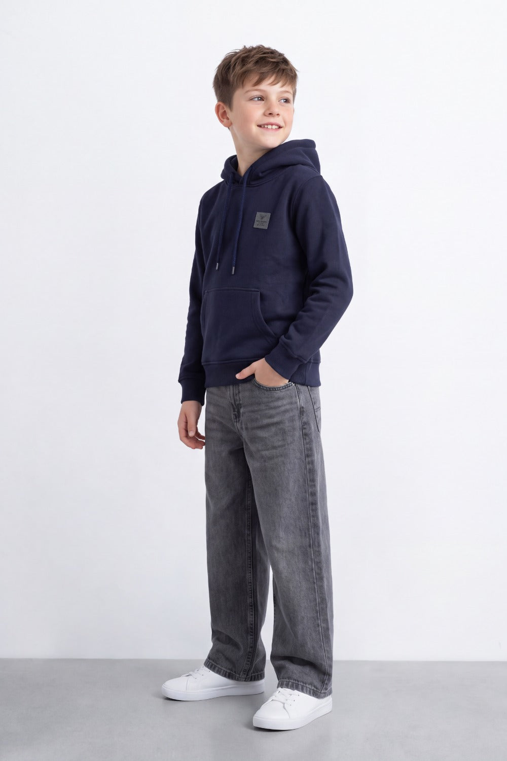 Boy's Tomato Store Brushed Fleece Hoodie Logo Patch Detail Sweatshirt Kangaroo Pocket Ribbed Trim Slim Fit