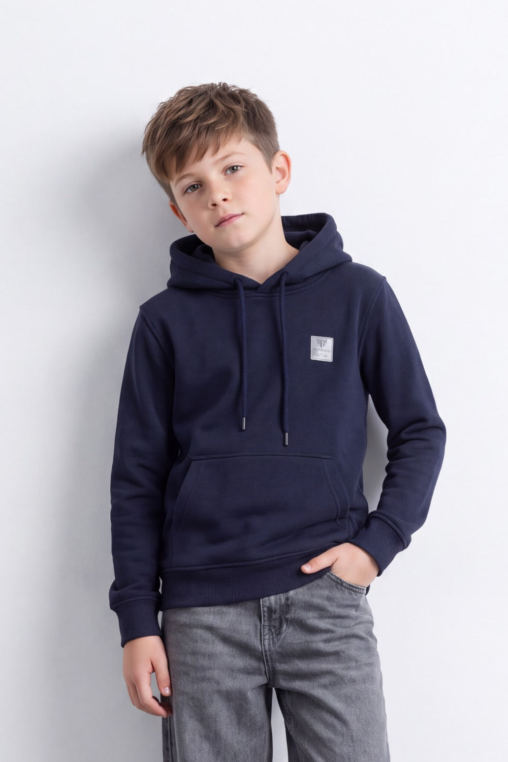 Boy's Tomato Store Brushed Fleece Hoodie Logo Patch Detail Sweatshirt Kangaroo Pocket Ribbed Trim Slim Fit