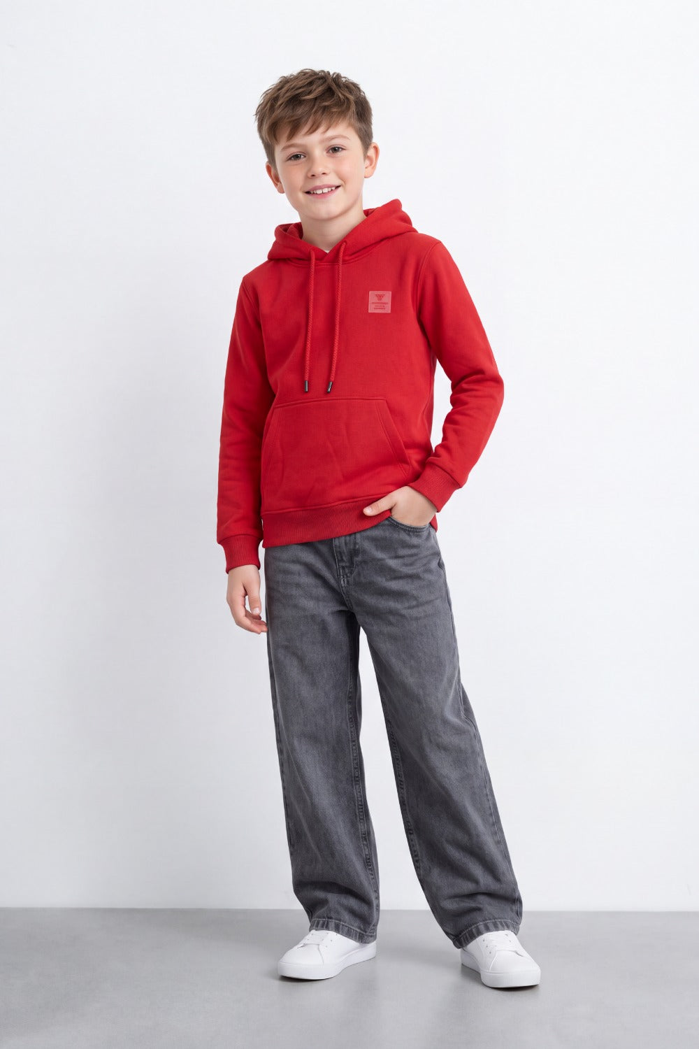 Boy's Tomato Store Brushed Fleece Hoodie Logo Patch Detail Sweatshirt Kangaroo Pocket Ribbed Trim Slim Fit