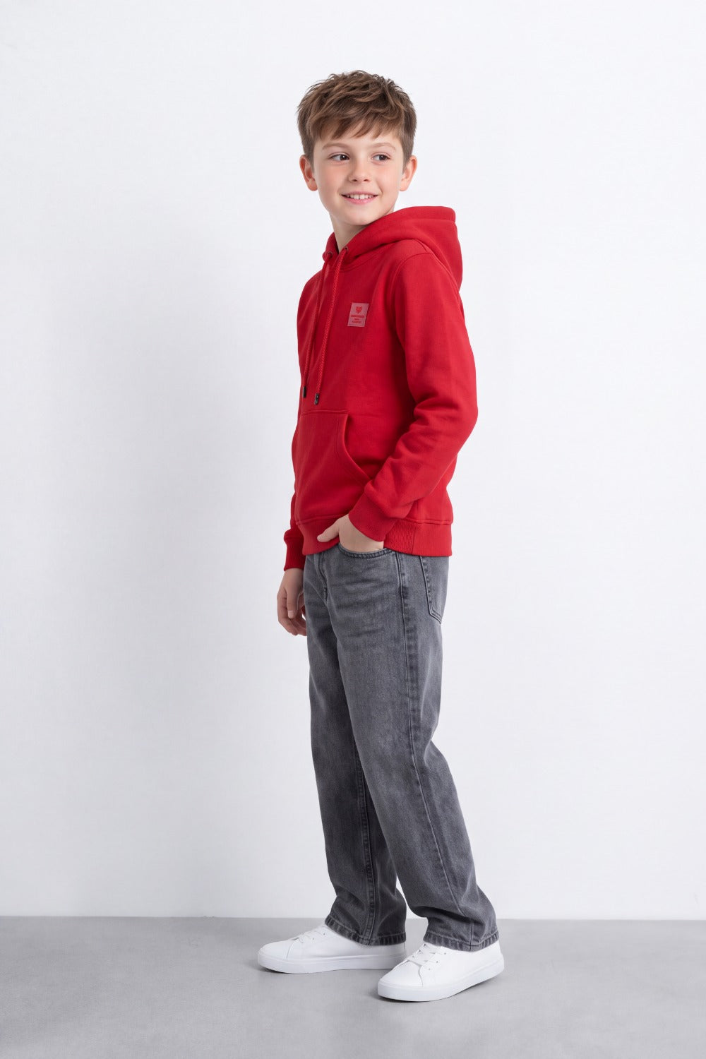 Boy's Tomato Store Brushed Fleece Hoodie Logo Patch Detail Sweatshirt Kangaroo Pocket Ribbed Trim Slim Fit