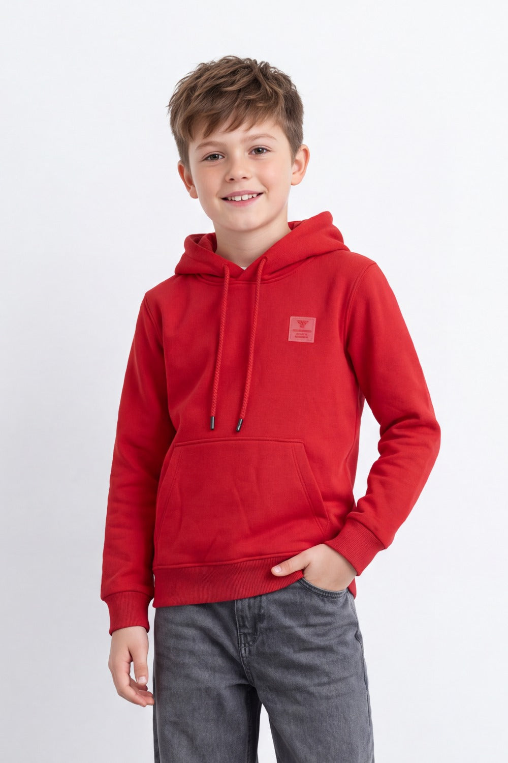 Boy's Tomato Store Brushed Fleece Hoodie Logo Patch Detail Sweatshirt Kangaroo Pocket Ribbed Trim Slim Fit