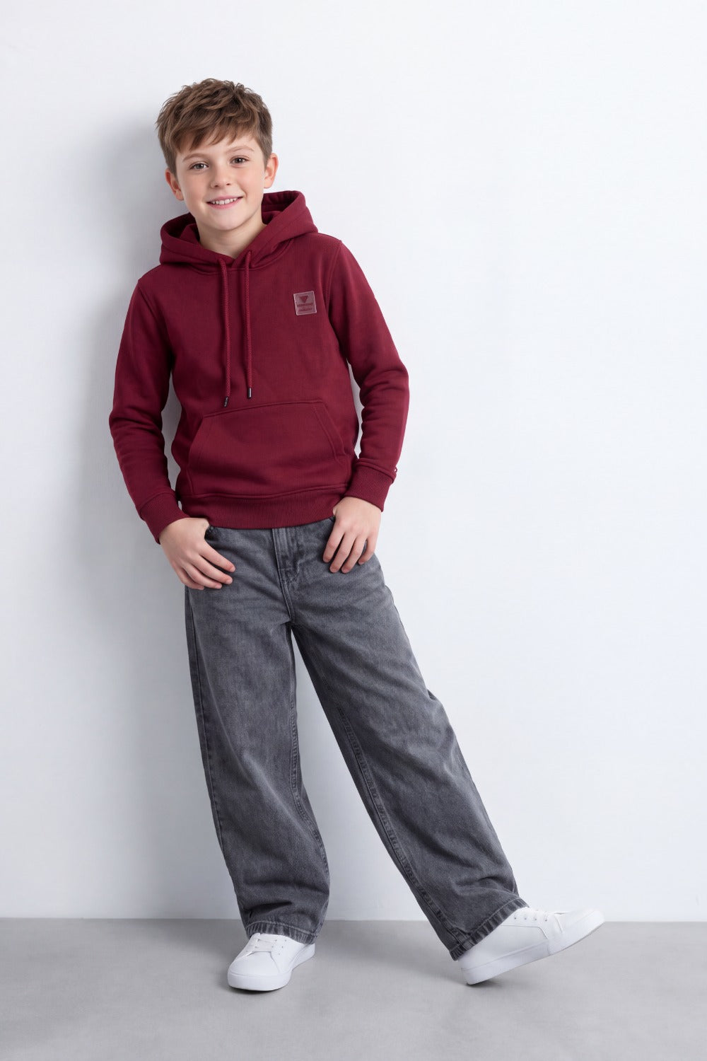 Boy's Tomato Store Brushed Fleece Hoodie Logo Patch Detail Sweatshirt Kangaroo Pocket Ribbed Trim Slim Fit