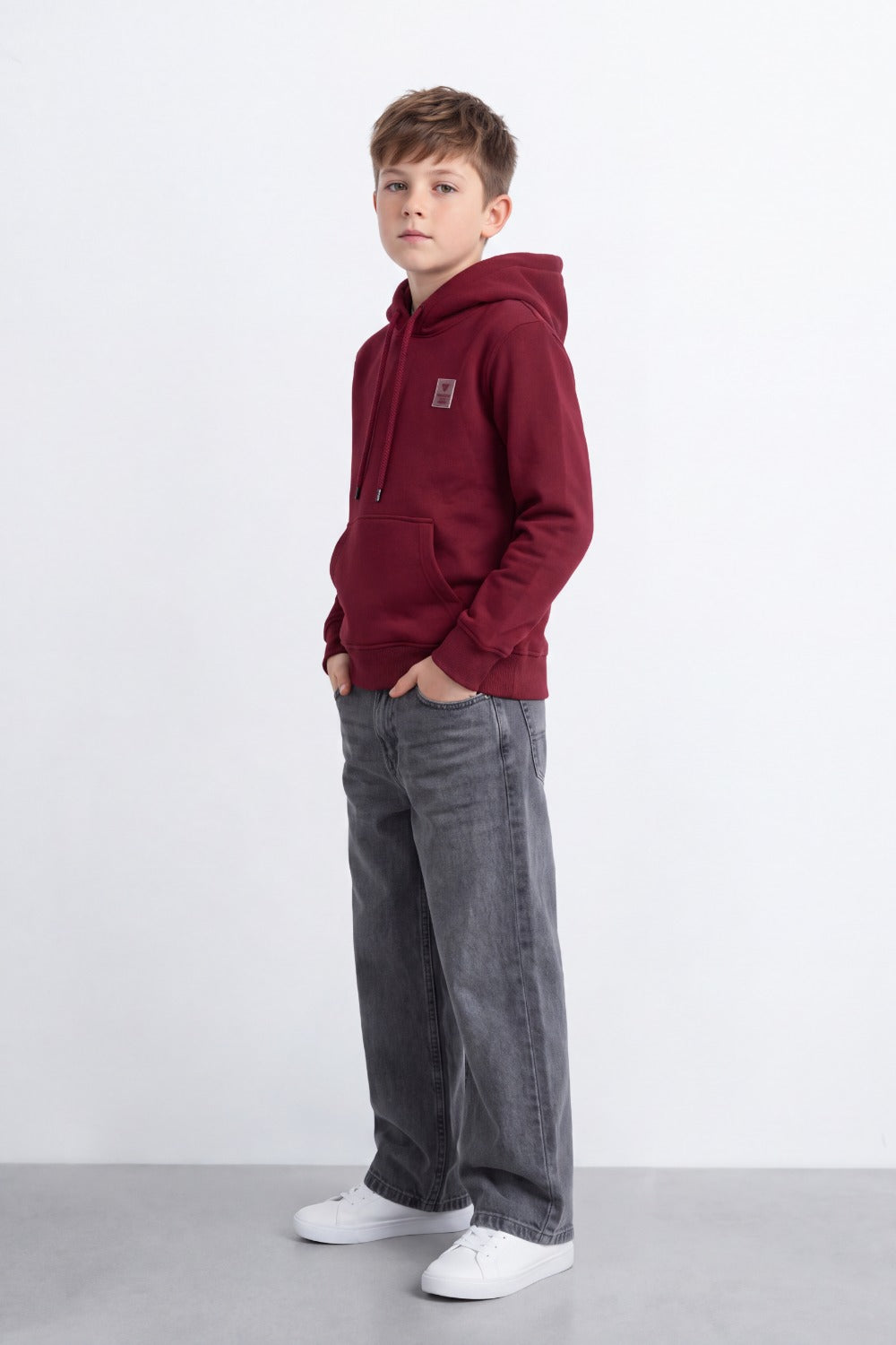 Boy's Tomato Store Brushed Fleece Hoodie Logo Patch Detail Sweatshirt Kangaroo Pocket Ribbed Trim Slim Fit