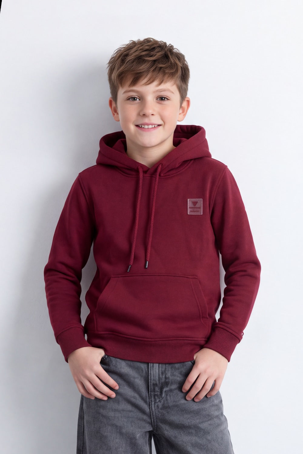 Boy's Tomato Store Brushed Fleece Hoodie Logo Patch Detail Sweatshirt Kangaroo Pocket Ribbed Trim Slim Fit