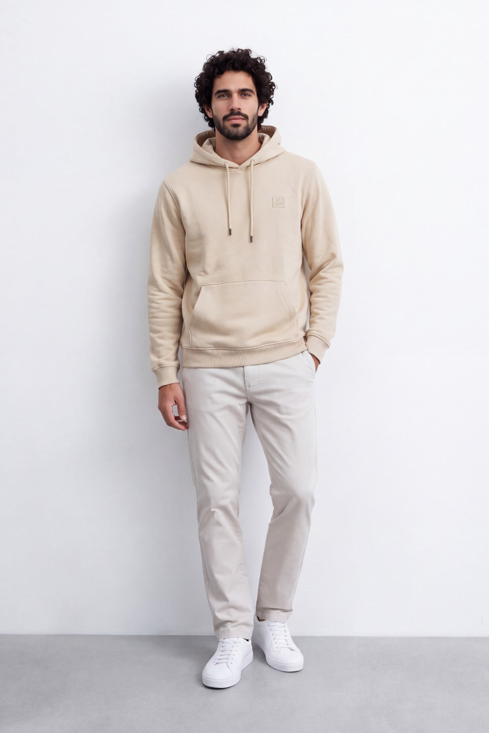 Men's Tomato Store Brushed Melton Hoodie Logo Patch Detail Sweatshirt Kangaroo Pocket Ribbed Trim Slim Fit