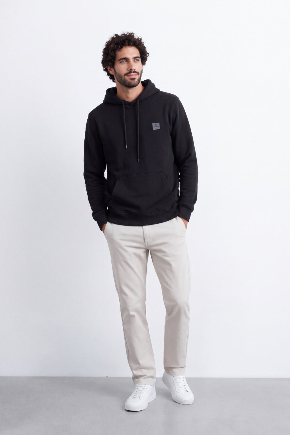 Men's Tomato Store Brushed Melton Hoodie Logo Patch Detail Sweatshirt Kangaroo Pocket Ribbed Trim Slim Fit