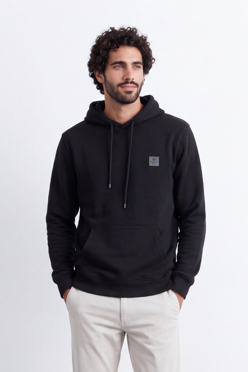 Men's Tomato Store Brushed Melton Hoodie Logo Patch Detail Sweatshirt Kangaroo Pocket Ribbed Trim Slim Fit