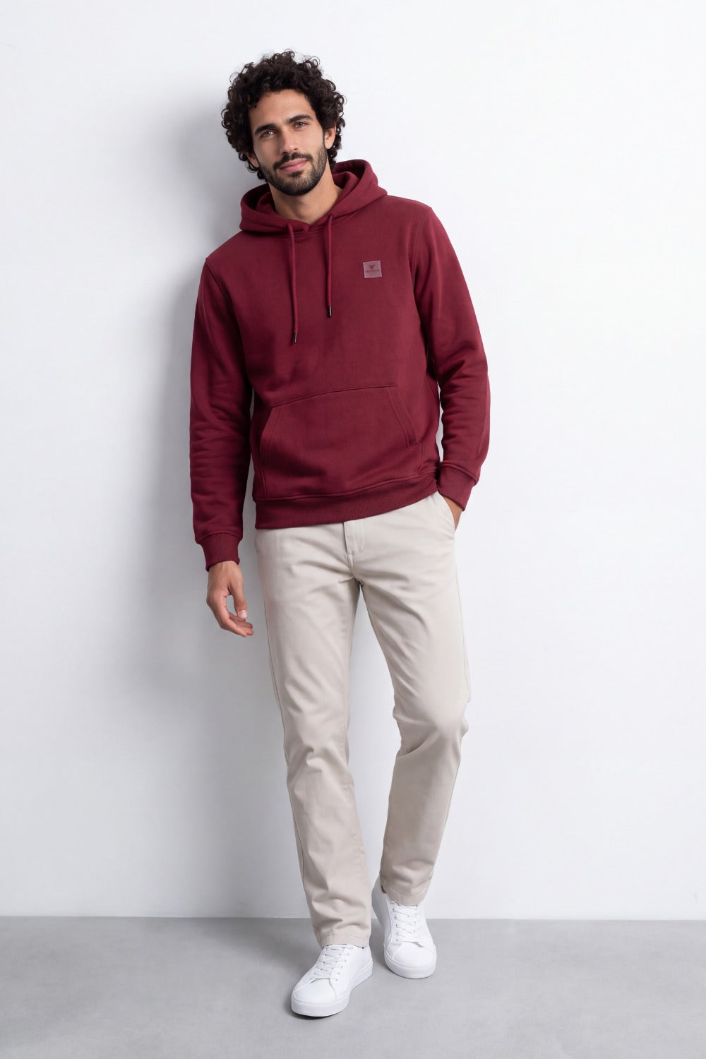 Men's Tomato Store Brushed Melton Hoodie Logo Patch Detail Sweatshirt Kangaroo Pocket Ribbed Trim Slim Fit