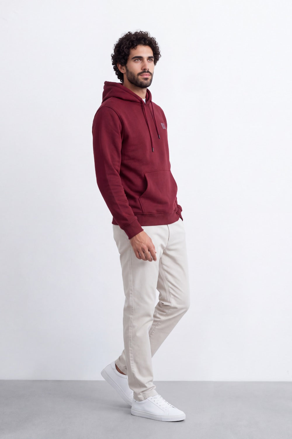 Men's Tomato Store Brushed Melton Hoodie Logo Patch Detail Sweatshirt Kangaroo Pocket Ribbed Trim Slim Fit