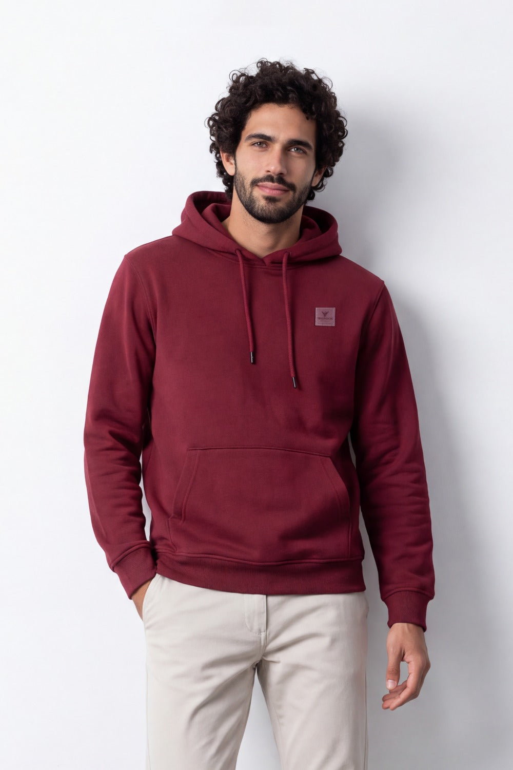 Men's Tomato Store Brushed Melton Hoodie Logo Patch Detail Sweatshirt Kangaroo Pocket Ribbed Trim Slim Fit