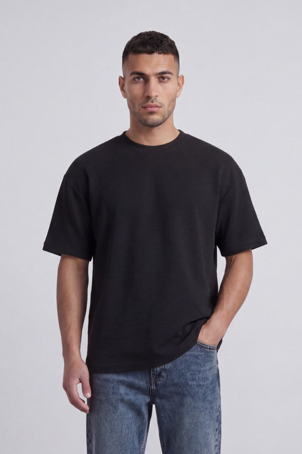 Men’s Tomato Store Fine Rib Texture T-Shirt Shaped Crew Neck Drop Shoulder Oversized Fit