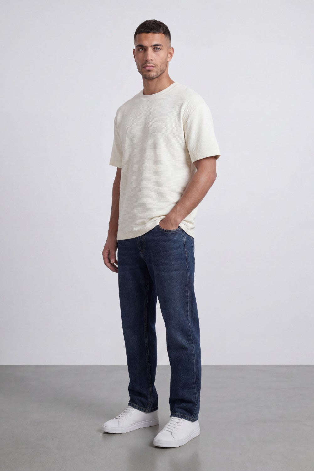 Men’s Tomato Store Fine Rib Texture T-Shirt Shaped Crew Neck Drop Shoulder Oversized Fit
