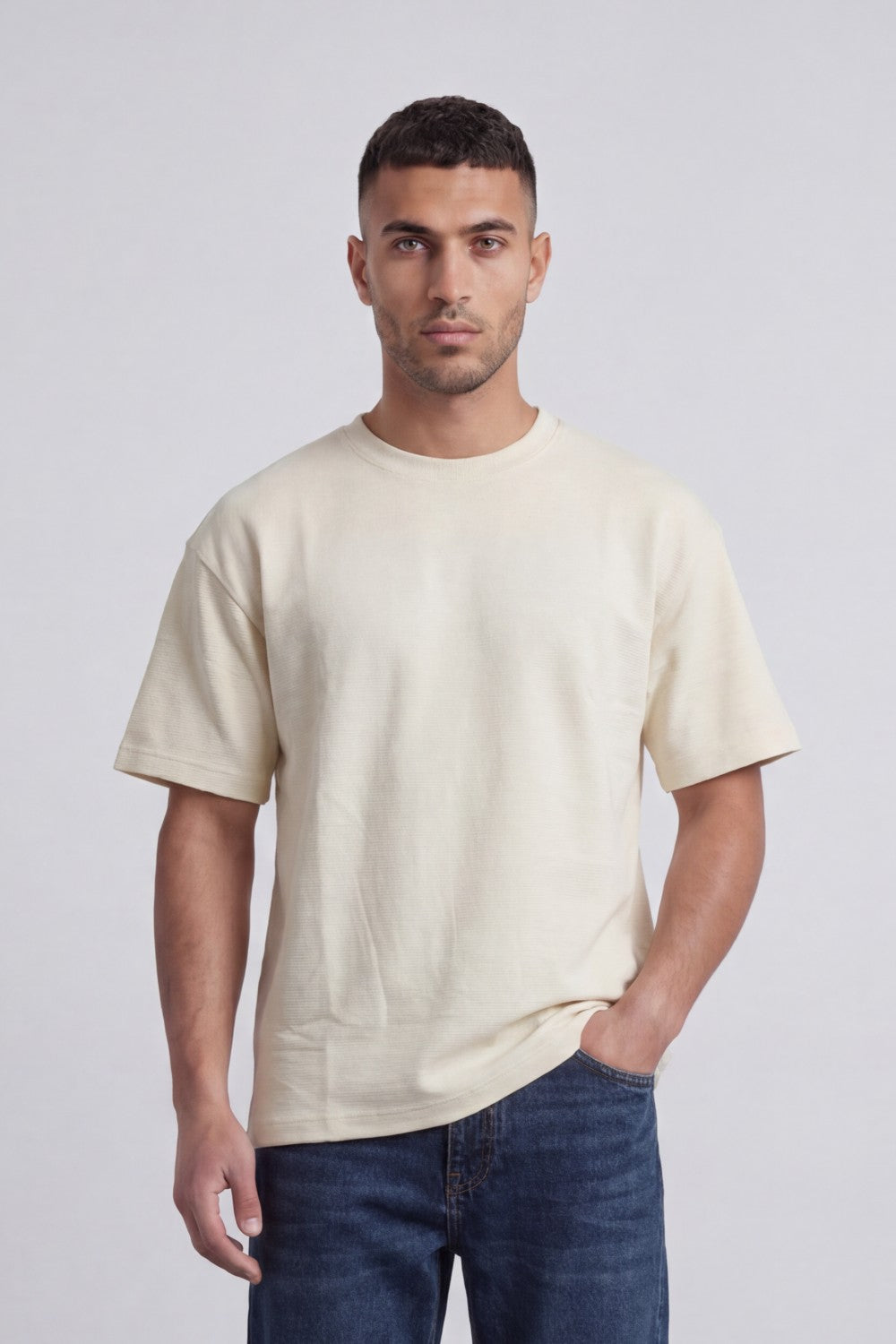 Men’s Tomato Store Fine Rib Texture T-Shirt Shaped Crew Neck Drop Shoulder Oversized Fit