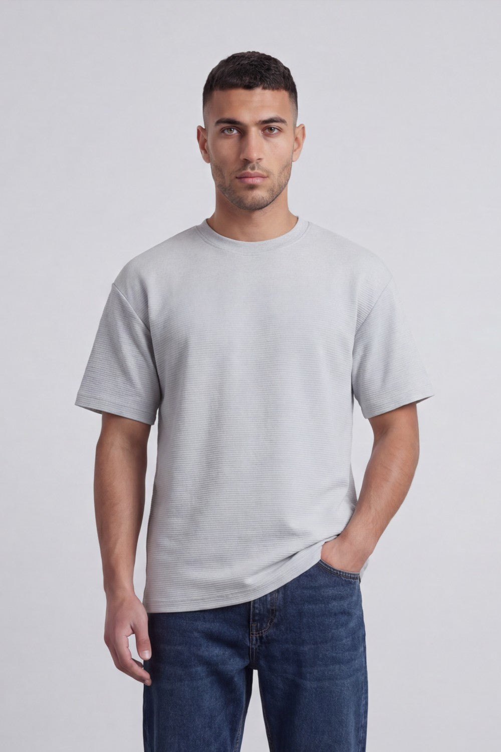 Men’s Tomato Store Fine Rib Texture T-Shirt Shaped Crew Neck Drop Shoulder Oversized Fit