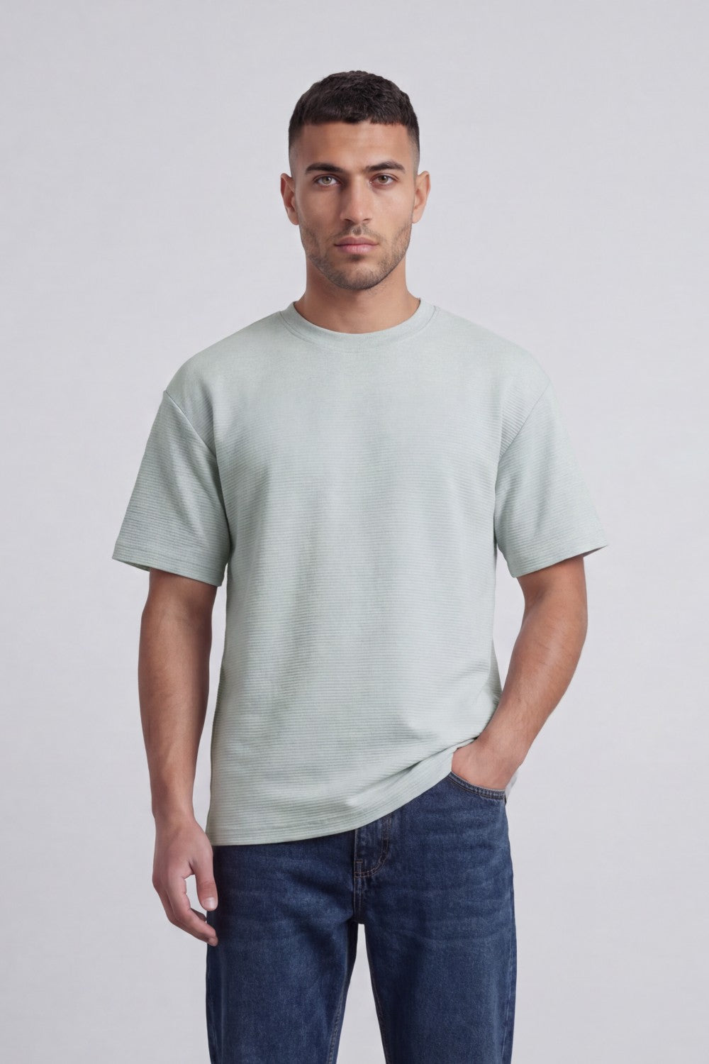 Men’s Tomato Store Fine Rib Texture T-Shirt Shaped Crew Neck Drop Shoulder Oversized Fit