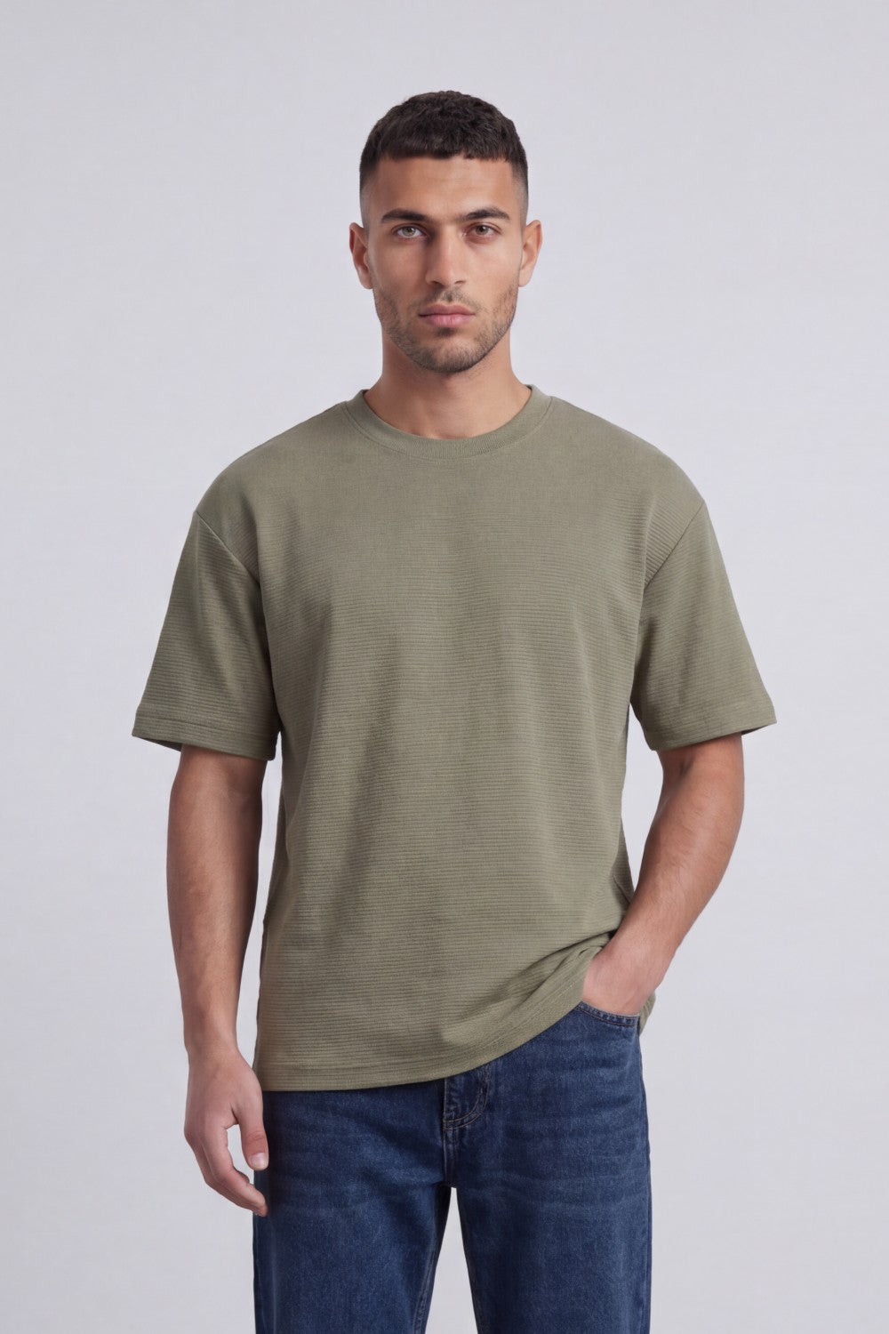 Men’s Tomato Store Fine Rib Texture T-Shirt Shaped Crew Neck Drop Shoulder Oversized Fit