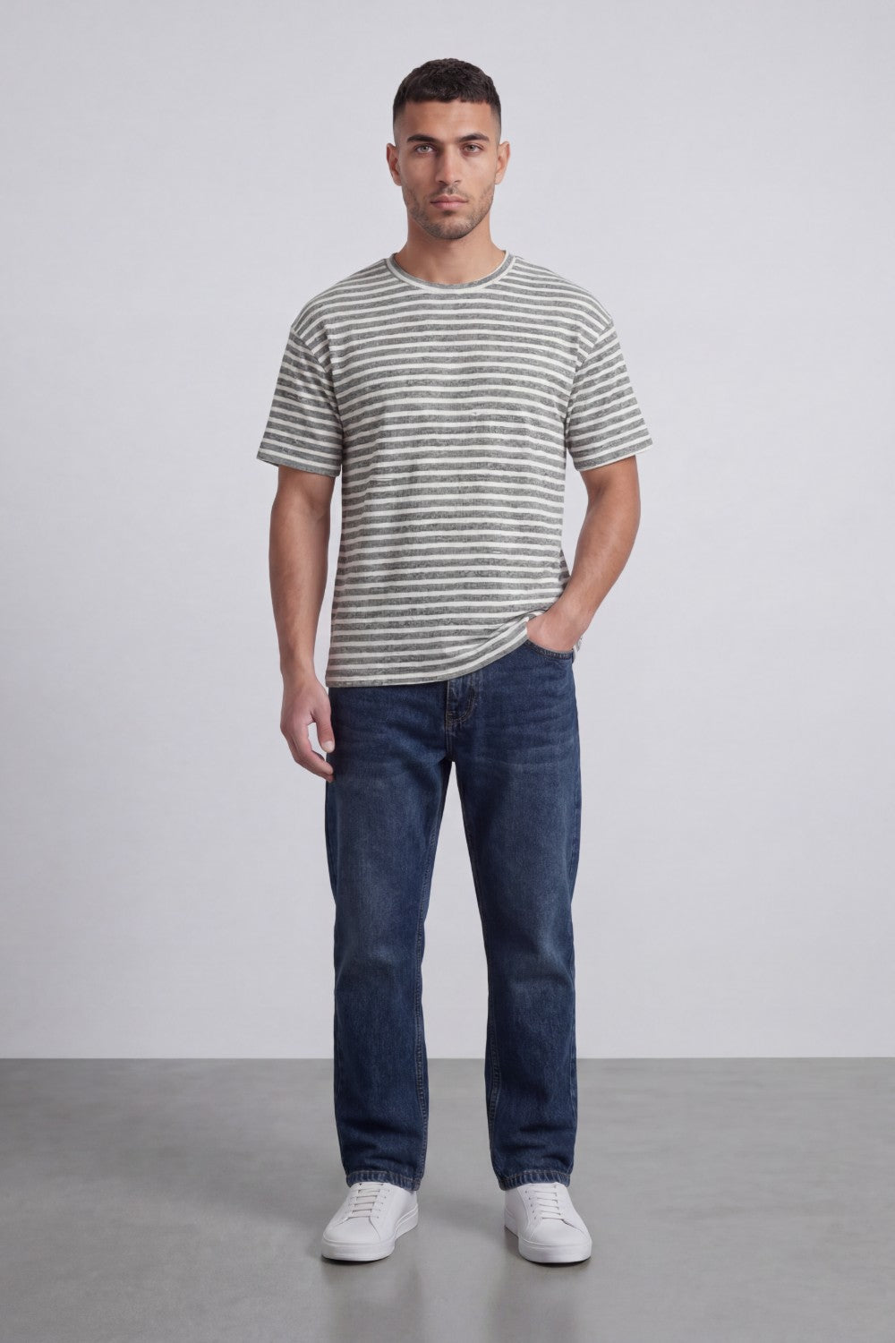 Men’s Tomato Store Striped Slub T-Shirt With Washed Lines Relaxed Fit Ribbed Crew Neck