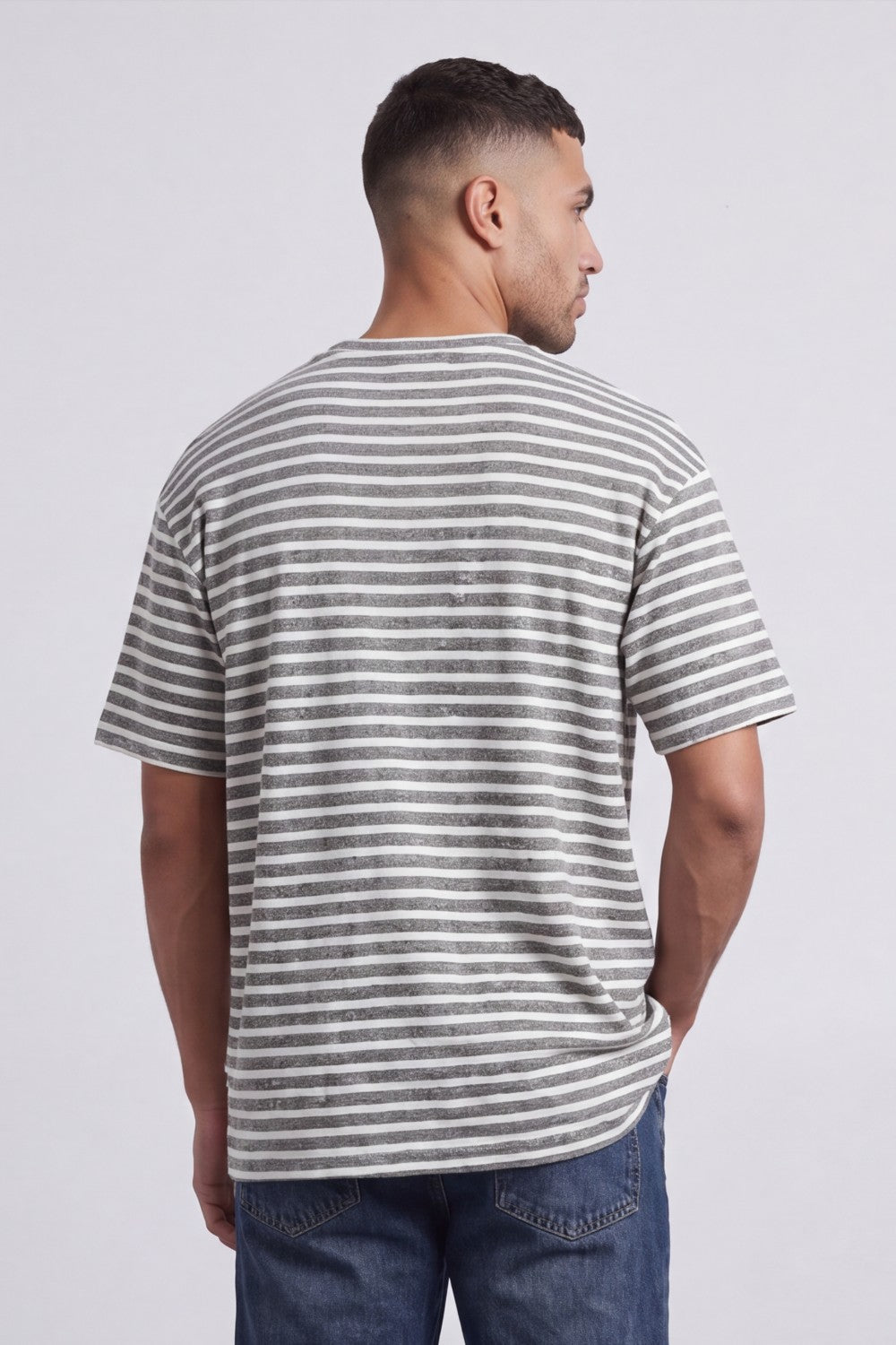 Men’s Tomato Store Striped Slub T-Shirt With Washed Lines Relaxed Fit Ribbed Crew Neck
