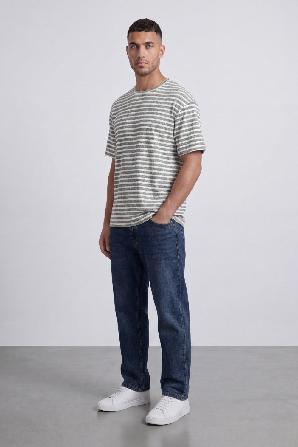 Men’s Tomato Store Striped Slub T-Shirt With Washed Lines Relaxed Fit Ribbed Crew Neck
