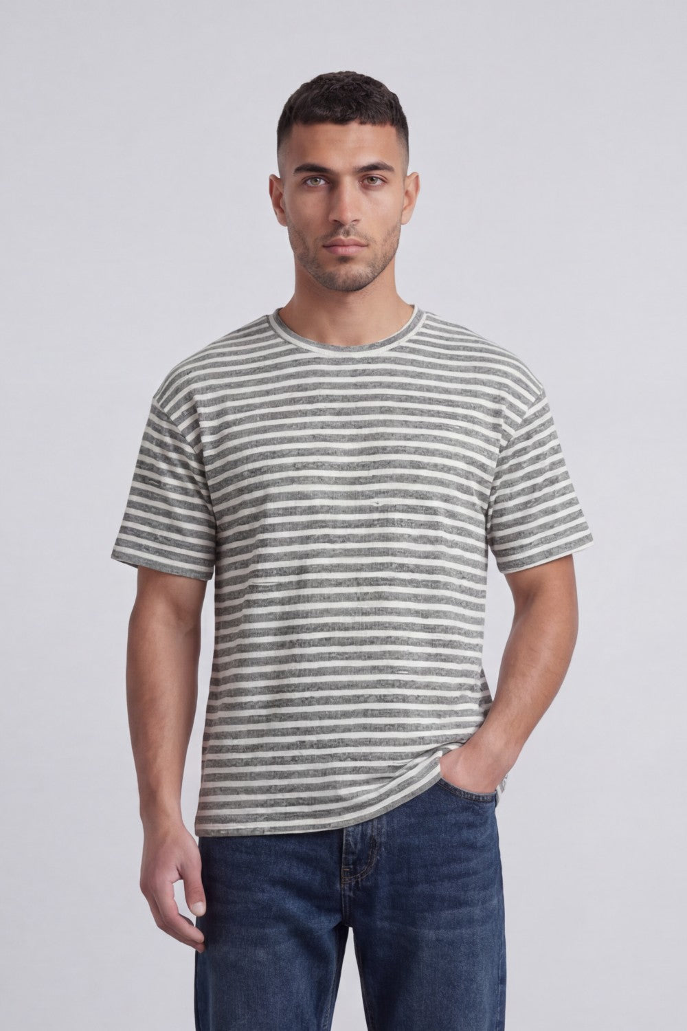 Men’s Tomato Store Striped Slub T-Shirt With Washed Lines Relaxed Fit Ribbed Crew Neck
