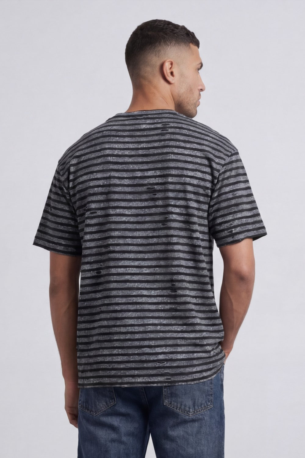 Men’s Tomato Store Striped Slub T-Shirt With Washed Lines Relaxed Fit Ribbed Crew Neck