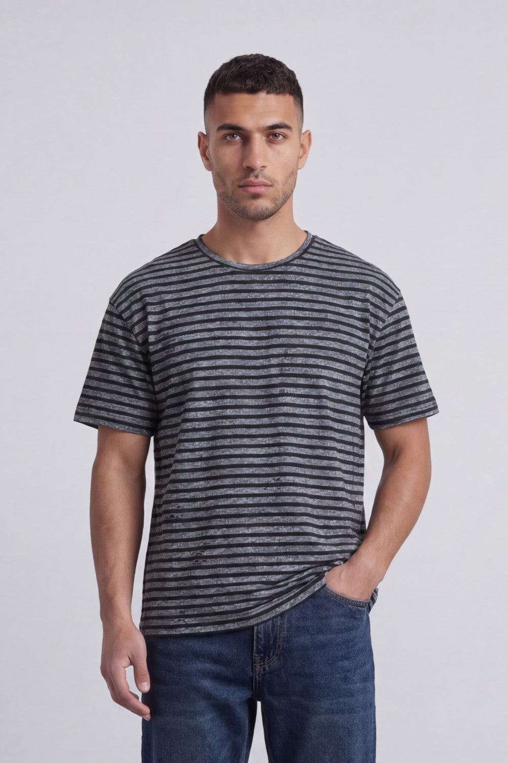 Men’s Tomato Store Striped Slub T-Shirt With Washed Lines Relaxed Fit Ribbed Crew Neck